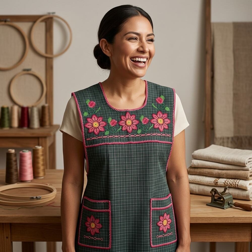 Traditional Mexican Cross-Stitch Embroidered Apron – Deluxe Artisan Smock Style